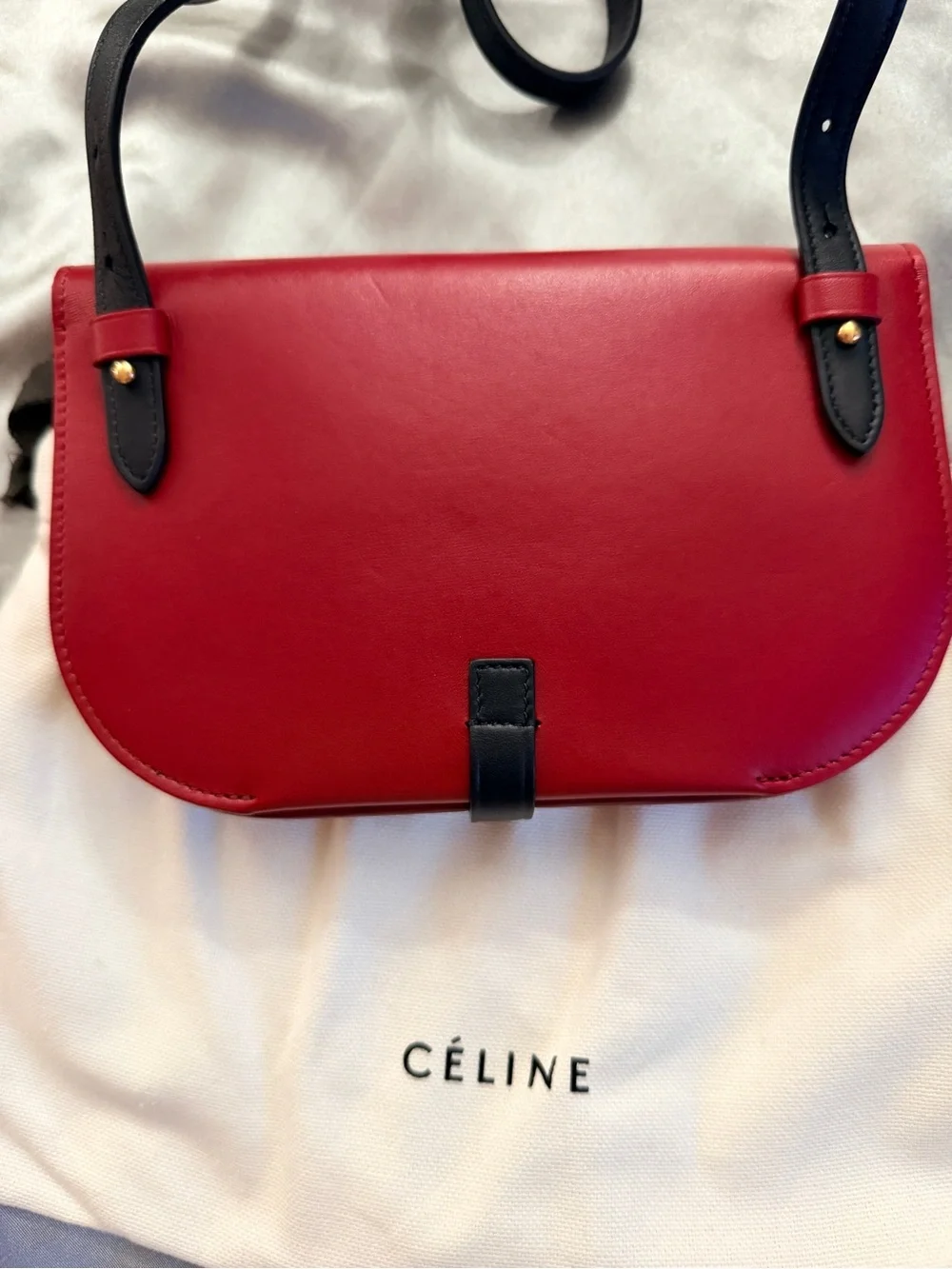 Celine Red Leather Crossbody with Black Strap and Gold Accent